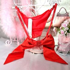 Victoria's Secret Rhinstones  Red satin big bow thong NWT 2044